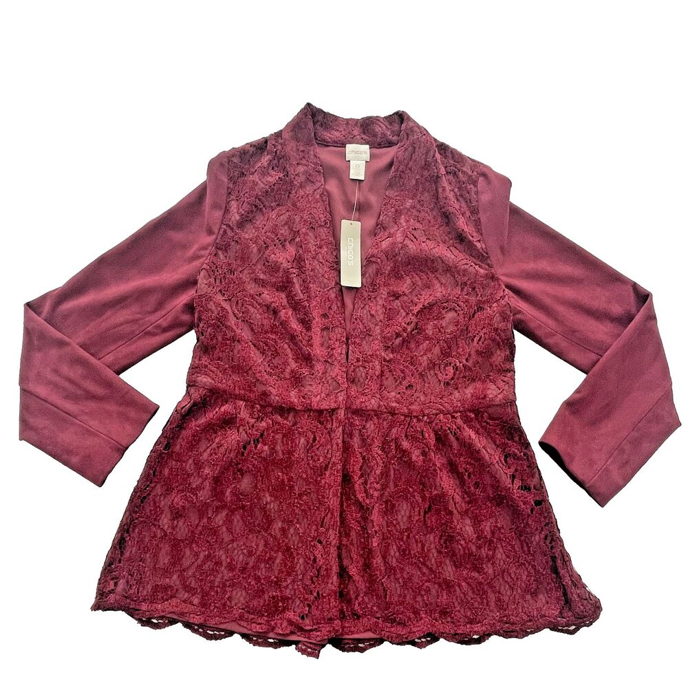 Chico's Dressy Red Suede Lace Peplum Jacket RomanticTailored Blazer 0 US 4 6 NWT